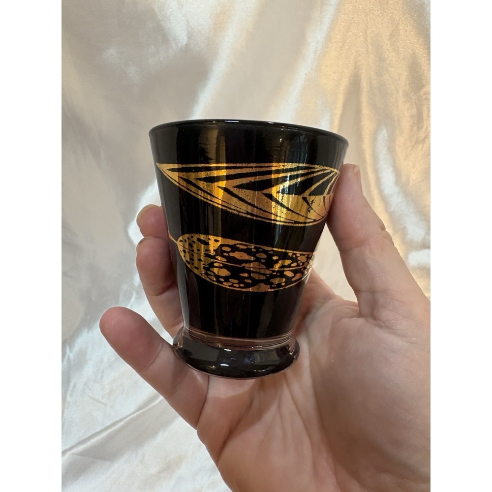 Vintage Small Cocktail glass Black Gold leaf design MCM Fred Press